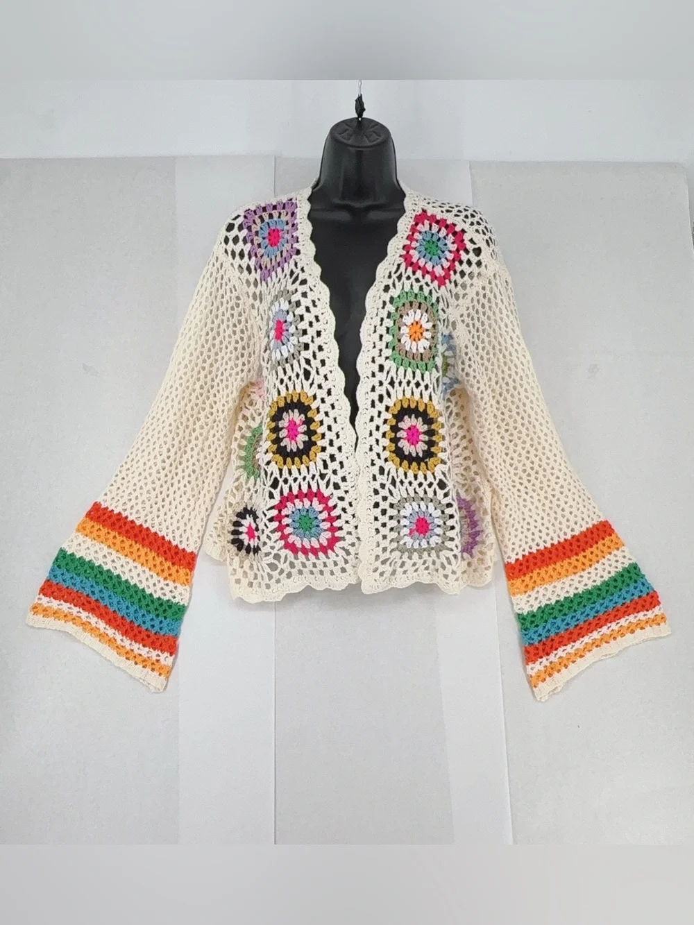 Women's Floral Crochet Cardigan Hollow Out Long Sleeve Open Front Sweater Y2K - Picture 5 of 10